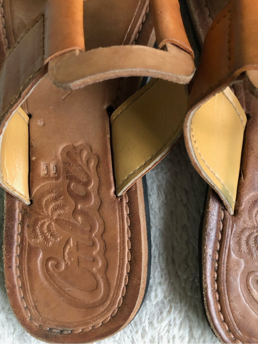 Boho Cuba Stamped Tan Leather Toe-Loop Slide Sandals Size 39 - Picture 8 of 11
